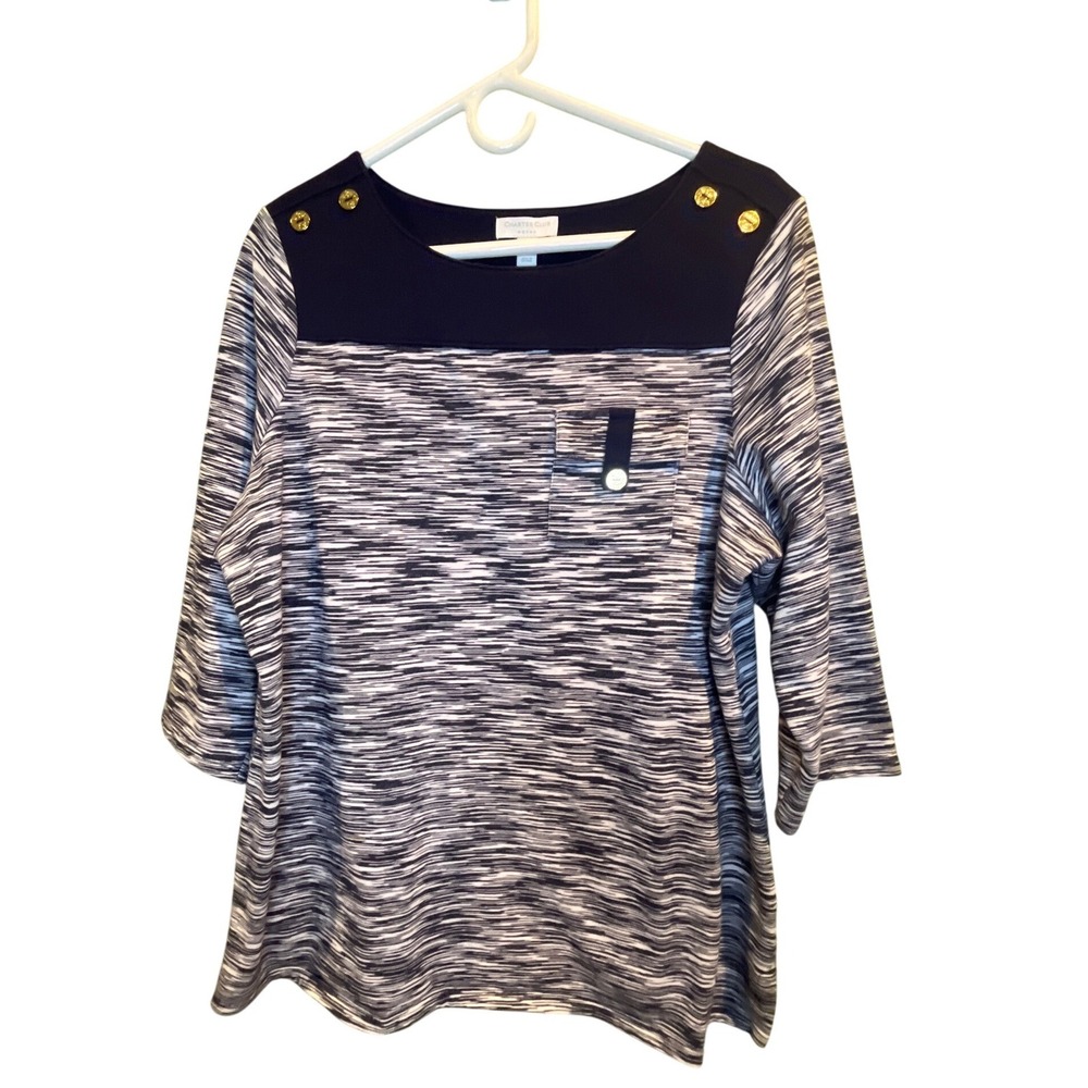 Charter Club Women Navy White Nautical Boat Neck Top Gold Buttons XL
